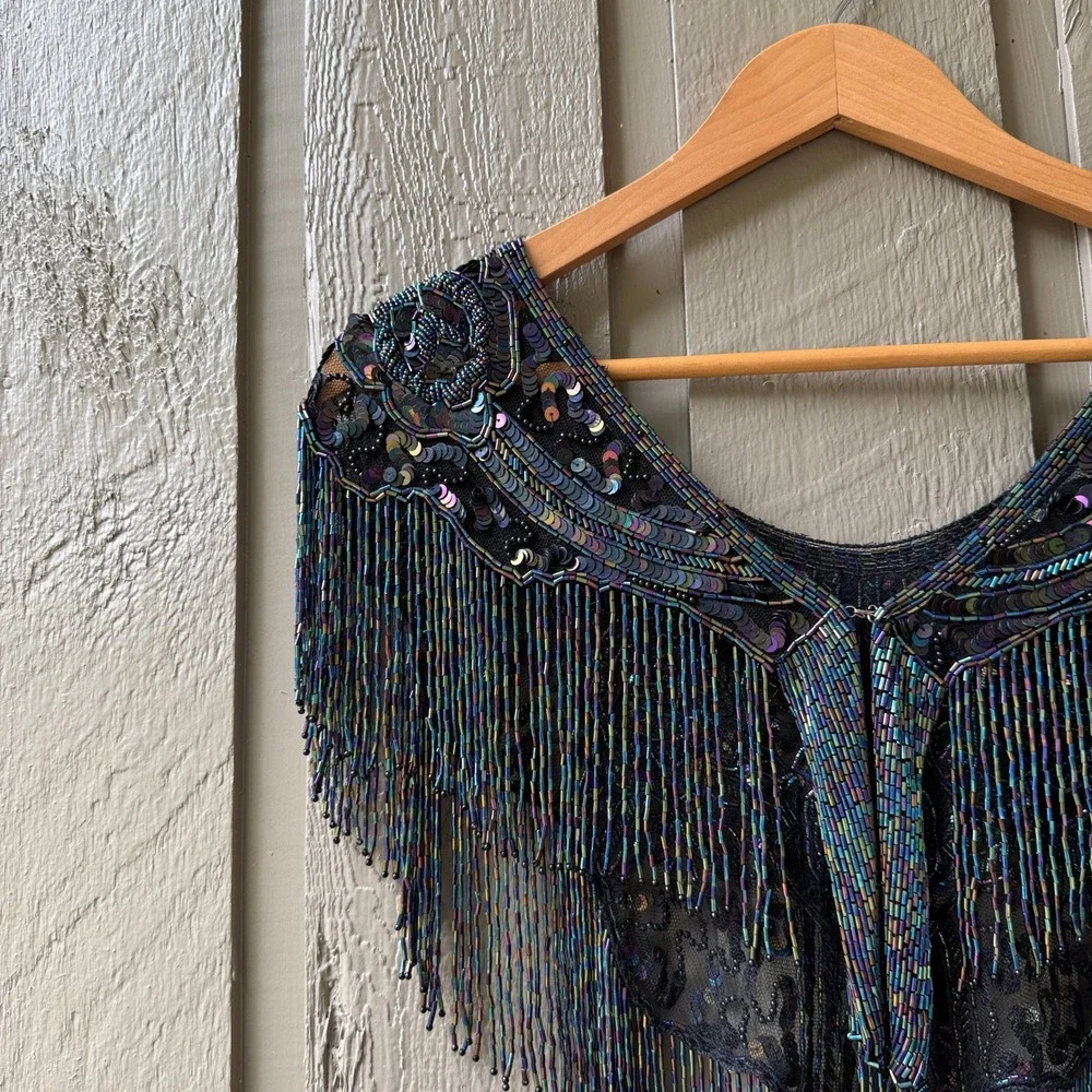 Vintage Beaded Fringe Capelet Shawl Womens Iridescent Floral One Size Black